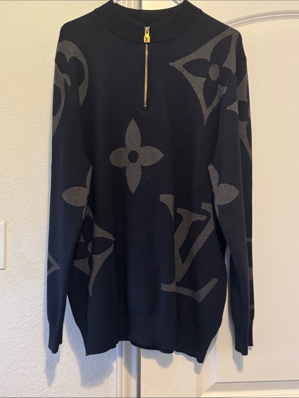 Fashionable Men’s Black & Gray Monogram Half-Zip Sweater with Gold Zipper
